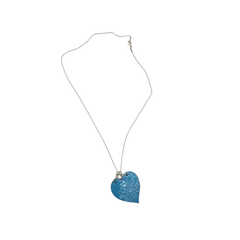 925 Sterling Silver Blue Enamel Heart Pendant Necklace Textured Artisan 18 In‎